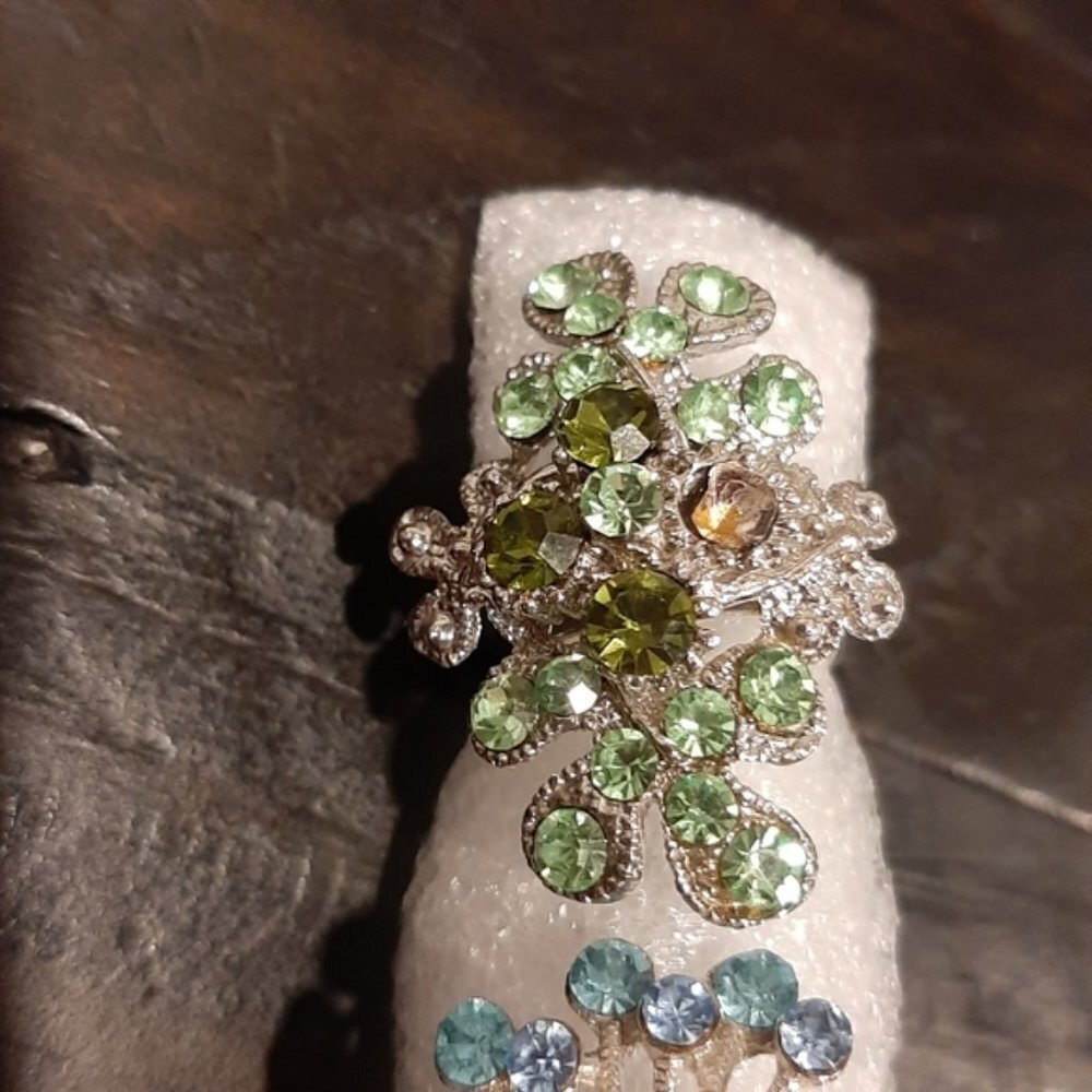 3Pc Set Of Rhinestone Cocktail Rings Aqua Statement Oversized Silver Adjustable - Picture 2 of 9